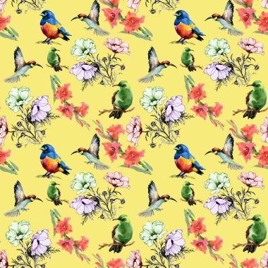 Suluboya çiçek ve renkli kuşlar