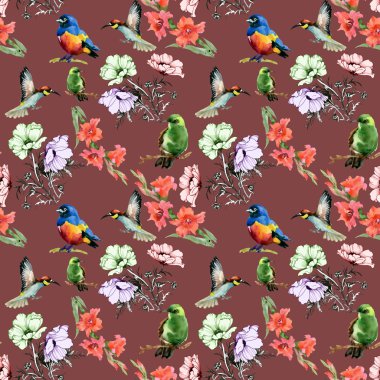 Suluboya çiçek ve renkli kuşlar
