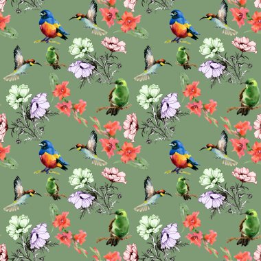 Renkli kuşlar ve çiçekler