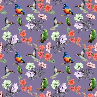 Renkli kuşlar ve çiçekler