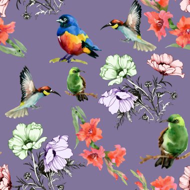 Renkli kuşlar ve çiçekler