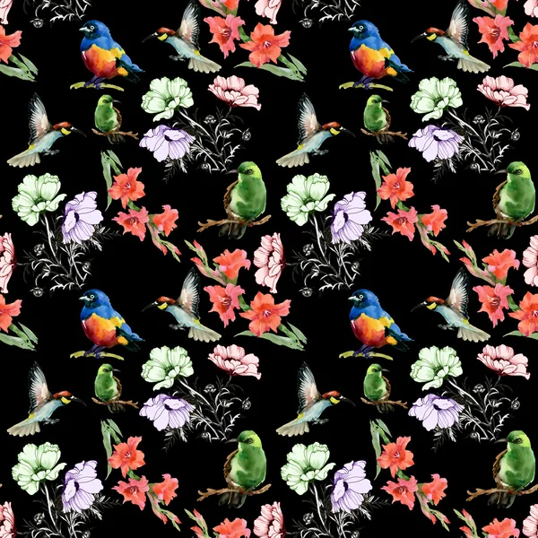 Aquarellblumen und farbige Vögel — Stockfoto