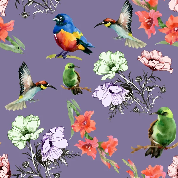 Blumen und farbige Vögel — Stockfoto