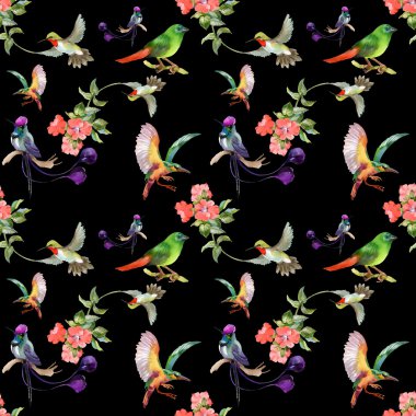 güzel çiçekler ve renkli kuşlar ile desen