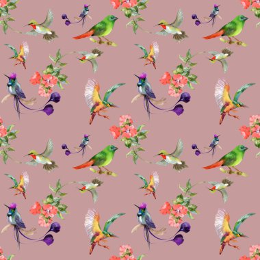 güzel çiçekler ve renkli kuşlar ile desen