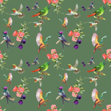 güzel çiçekler ve renkli kuşlar ile desen