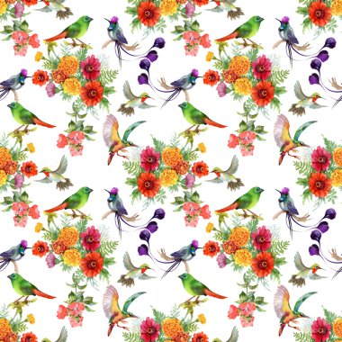 güzel çiçekler ve renkli kuşlar ile desen