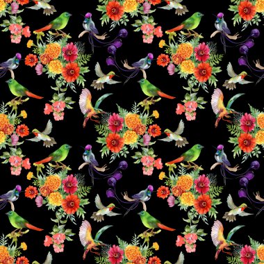 güzel çiçekler ve renkli kuşlar ile desen