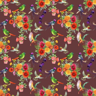 güzel çiçekler ve renkli kuşlar ile desen