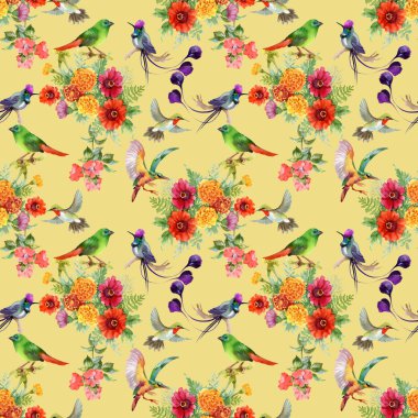 güzel çiçekler ve renkli kuşlar ile desen