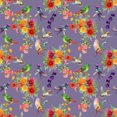 güzel çiçekler ve renkli kuşlar ile desen