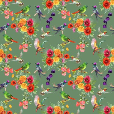 güzel çiçekler ve renkli kuşlar ile desen