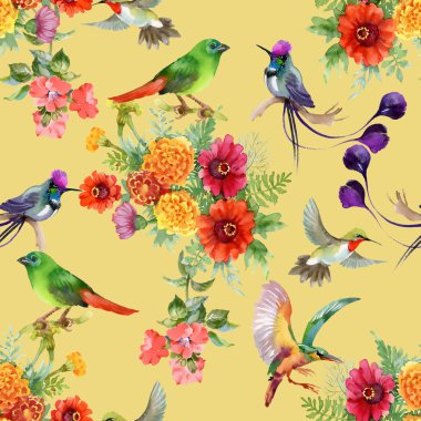 güzel çiçekler ve renkli kuşlar ile desen