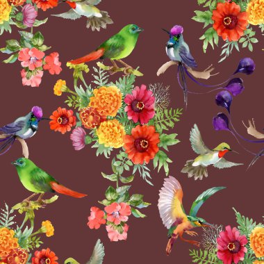 güzel çiçekler ve renkli kuşlar ile desen