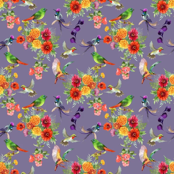 Pattern with beautiful flowers and colorful birds — Stock Photo, Image