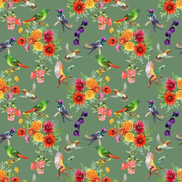 Patroon met prachtige bloemen en kleurrijke vogels — Stockfoto