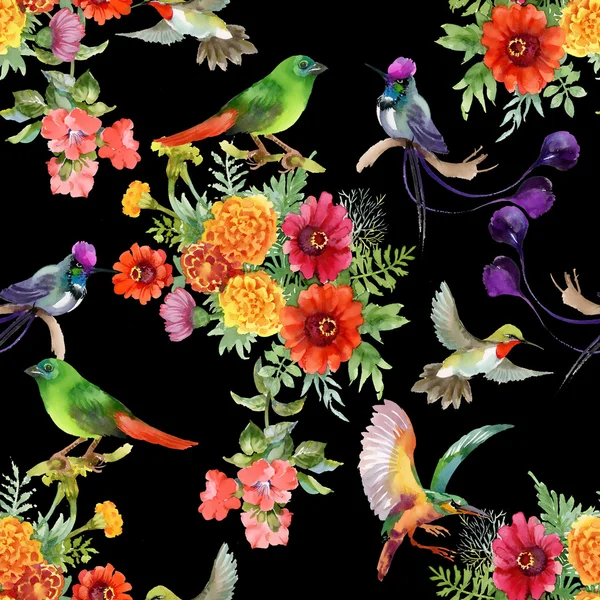 Mönster med vackra blommor och färgglada fåglar — Stockfoto