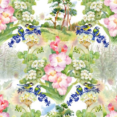 kuşlar ve çiçekler sorunsuz bir arka plan