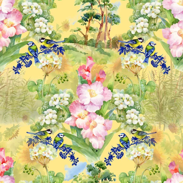 birds and flowers seamless background