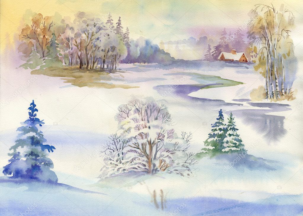 Watercolor winter landscape 