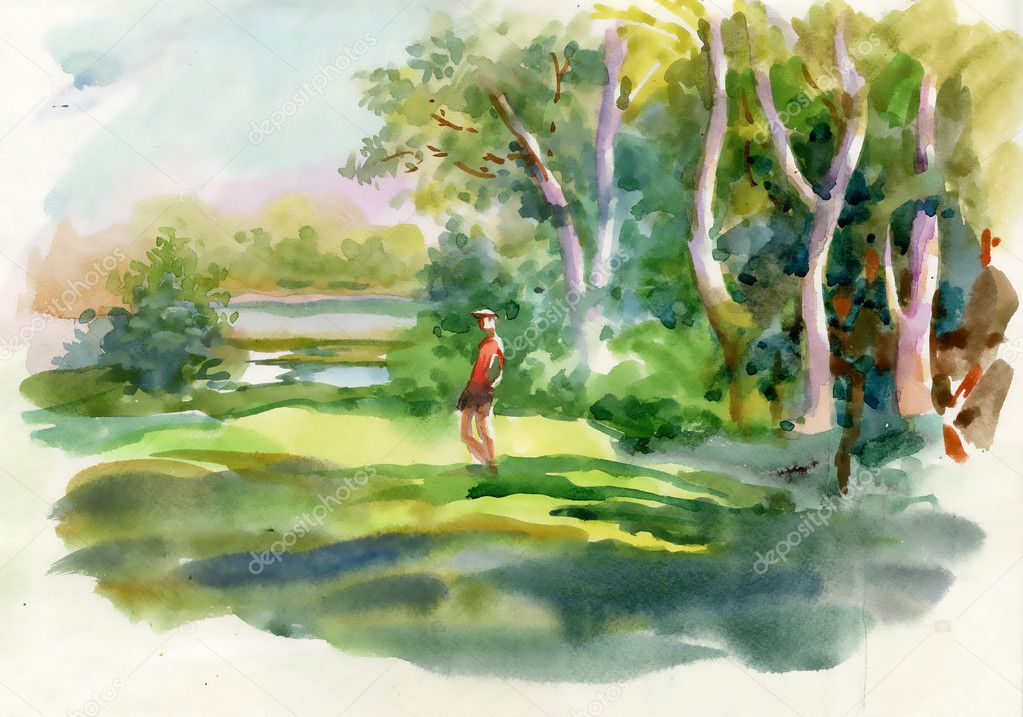 Watercolor summer rural landscape 