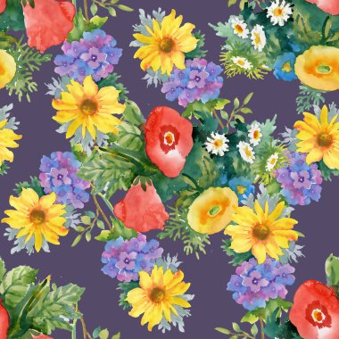 Çiçek buketleri ile suluboya desen