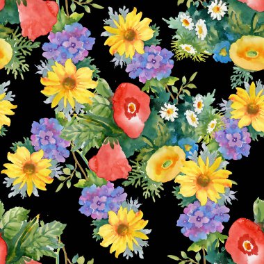 Çiçek buketleri ile suluboya desen