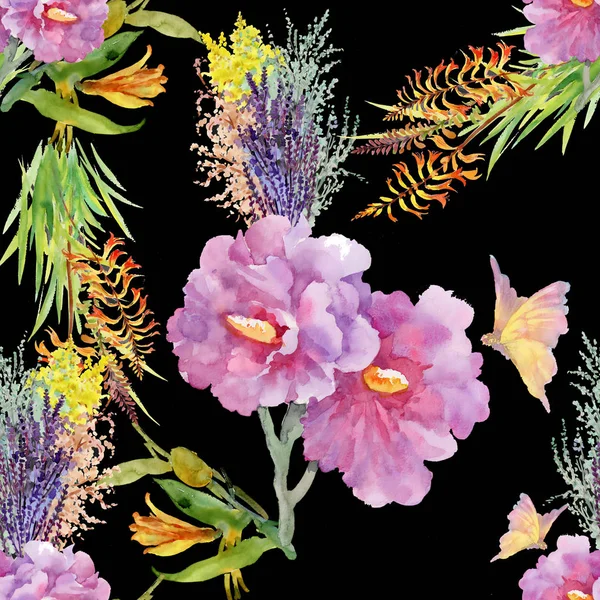 Motivo con mazzi di fiori e farfalle — Foto Stock