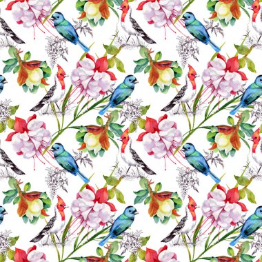 güzel çiçekler ve renkli kuşlar ile desen  