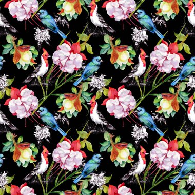 güzel çiçekler ve renkli kuşlar ile desen  