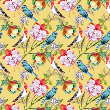 güzel çiçekler ve renkli kuşlar ile desen  