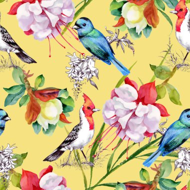 güzel çiçekler ve renkli kuşlar ile desen  