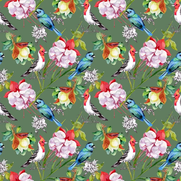 Pattern with beautiful flowers and colorful birds — Stock Photo, Image