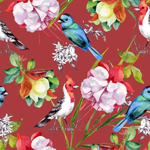 Pattern with beautiful flowers and colorful birds — Stock Photo, Image