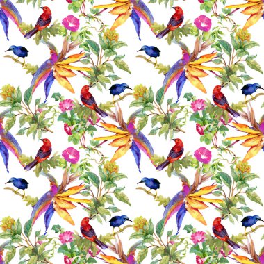 çiçekler ve kuşlar ile renkli desen