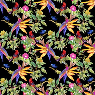 çiçekler ve kuşlar ile renkli desen