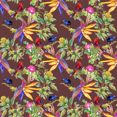 çiçekler ve kuşlar ile renkli desen