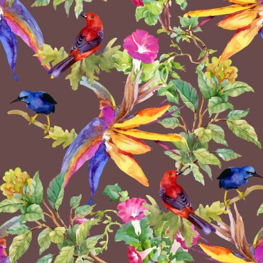 çiçekler ve kuşlar ile renkli desen