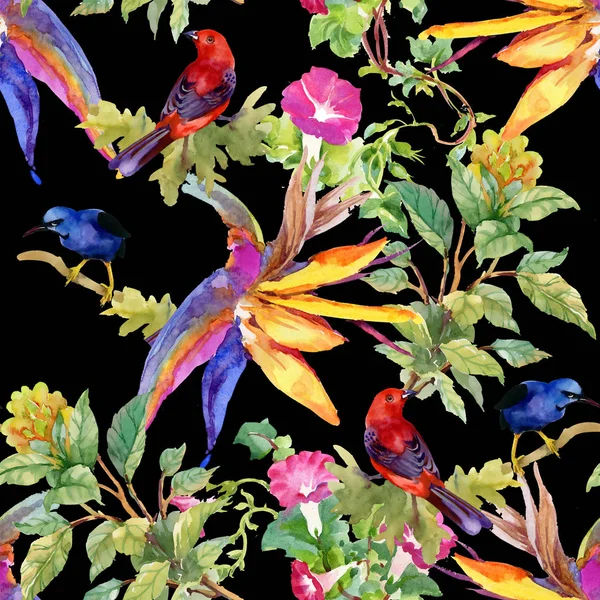 用鲜花和鸟儿的炫彩花纹 — 图库照片