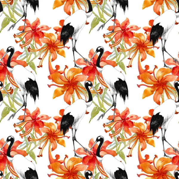 Seamless pattern with flowers and stork