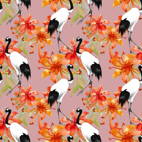 Seamless pattern with flowers and stork