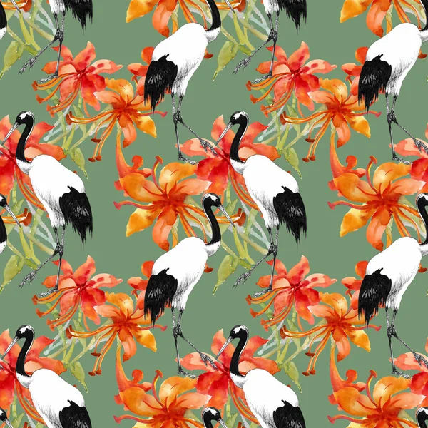 Seamless pattern with flowers and stork