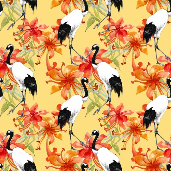 Seamless pattern with flowers and stork