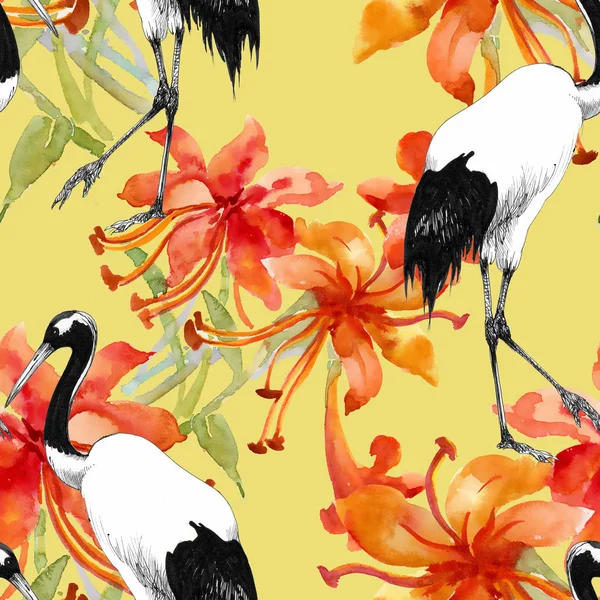 Seamless pattern with flowers and stork — Stock Photo, Image