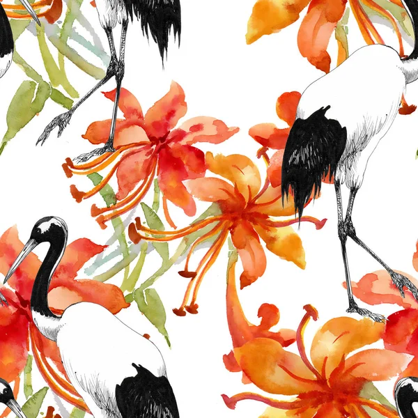 Seamless pattern with flowers and stork