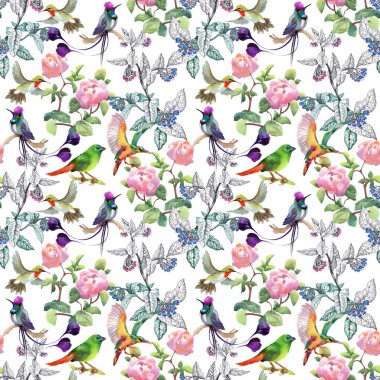desen renkli çiçekler ve kuşlar  