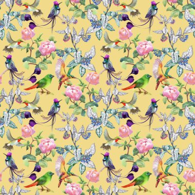 desen renkli çiçekler ve kuşlar  