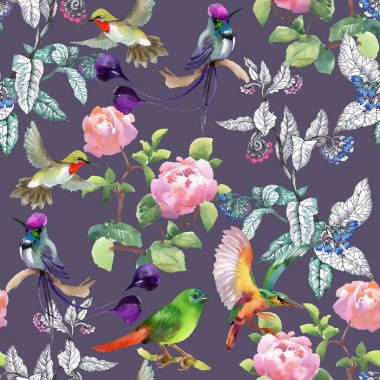 desen renkli çiçekler ve kuşlar  