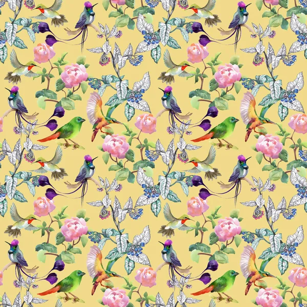 Patroon met kleurrijke bloemen en vogels — Stockfoto