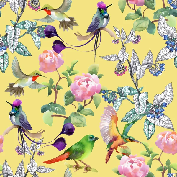 Pattern with colorful flowers and birds — Stock Photo, Image